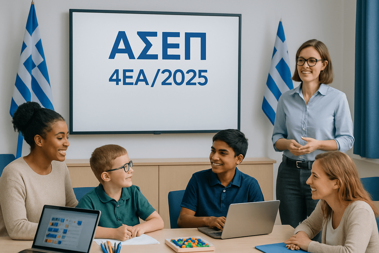 image of a modern special education classroom with teachers and students collaborating, a digital screen showing the ΑΣΕΠ 4ΕΑ/2025 logo and specialties table, Greek flags in the background, and educational tools like laptops.