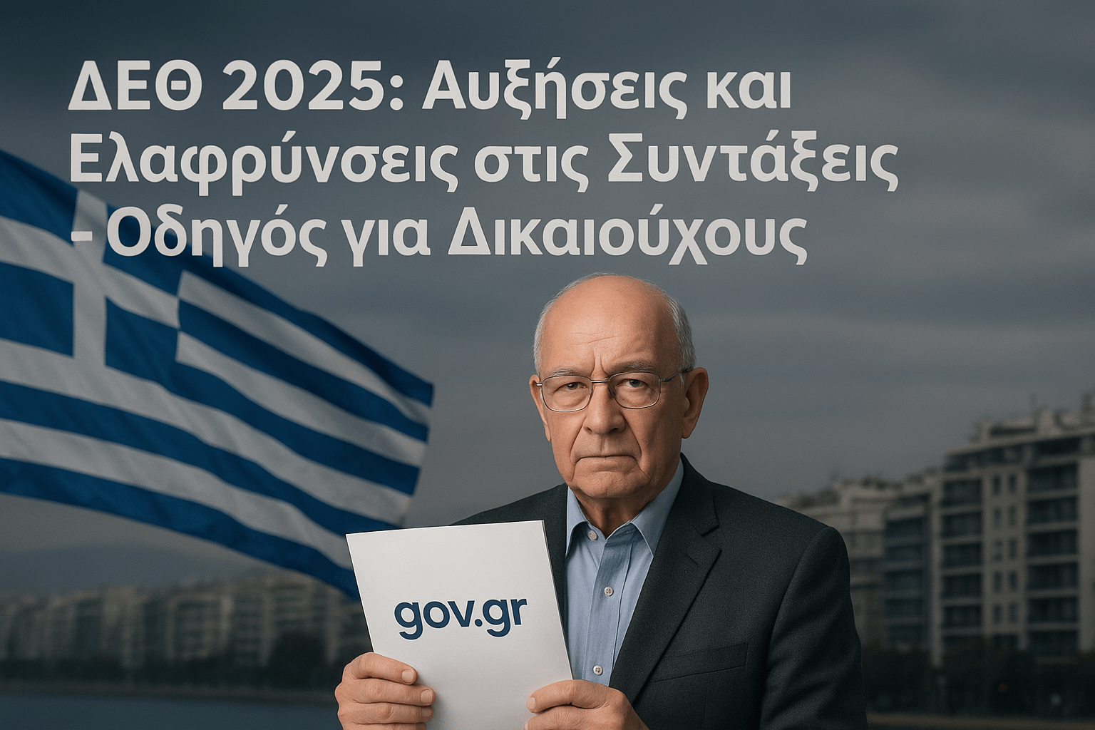 Ηλικιωμένος με έγγραφα gov.gr για αυξήσεις συντάξεων ΔΕΘ 2025