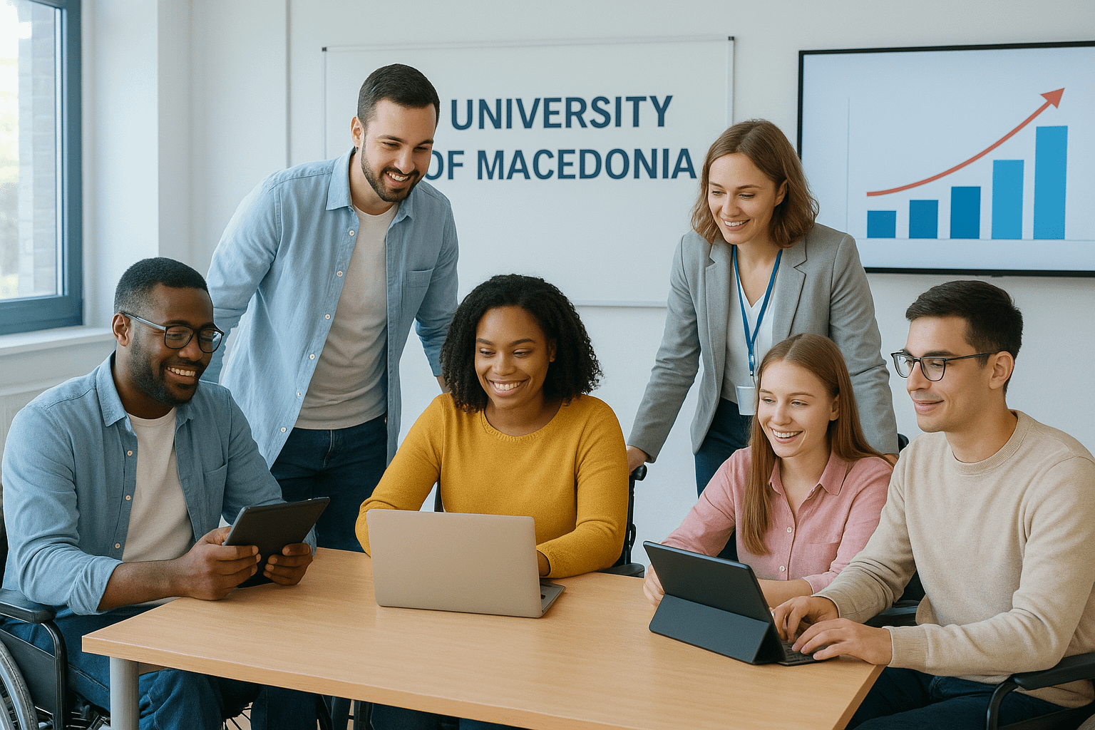 Άτομα με αναπηρίες που συμμετέχουν σε πρόγραμμα κατάρτισης στο Πανεπιστήμιο Μακεδονίας, υποστηριζόμενα από προσωπικό της ΔΥΠΑ και σύγχρονη τεχνολογία.