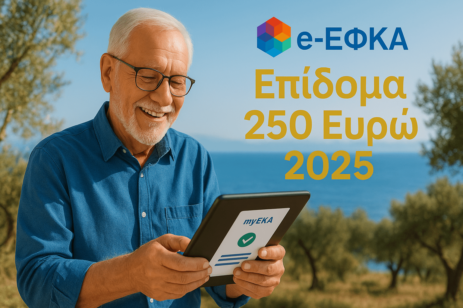 Ηλικιωμένος συνταξιούχος ελέγχει το επίδομα 250 ευρώ 2025 στο myEFKA σε tablet, με φόντο ελληνικό τοπίο, σε μπλε και χρυσούς τόνους.