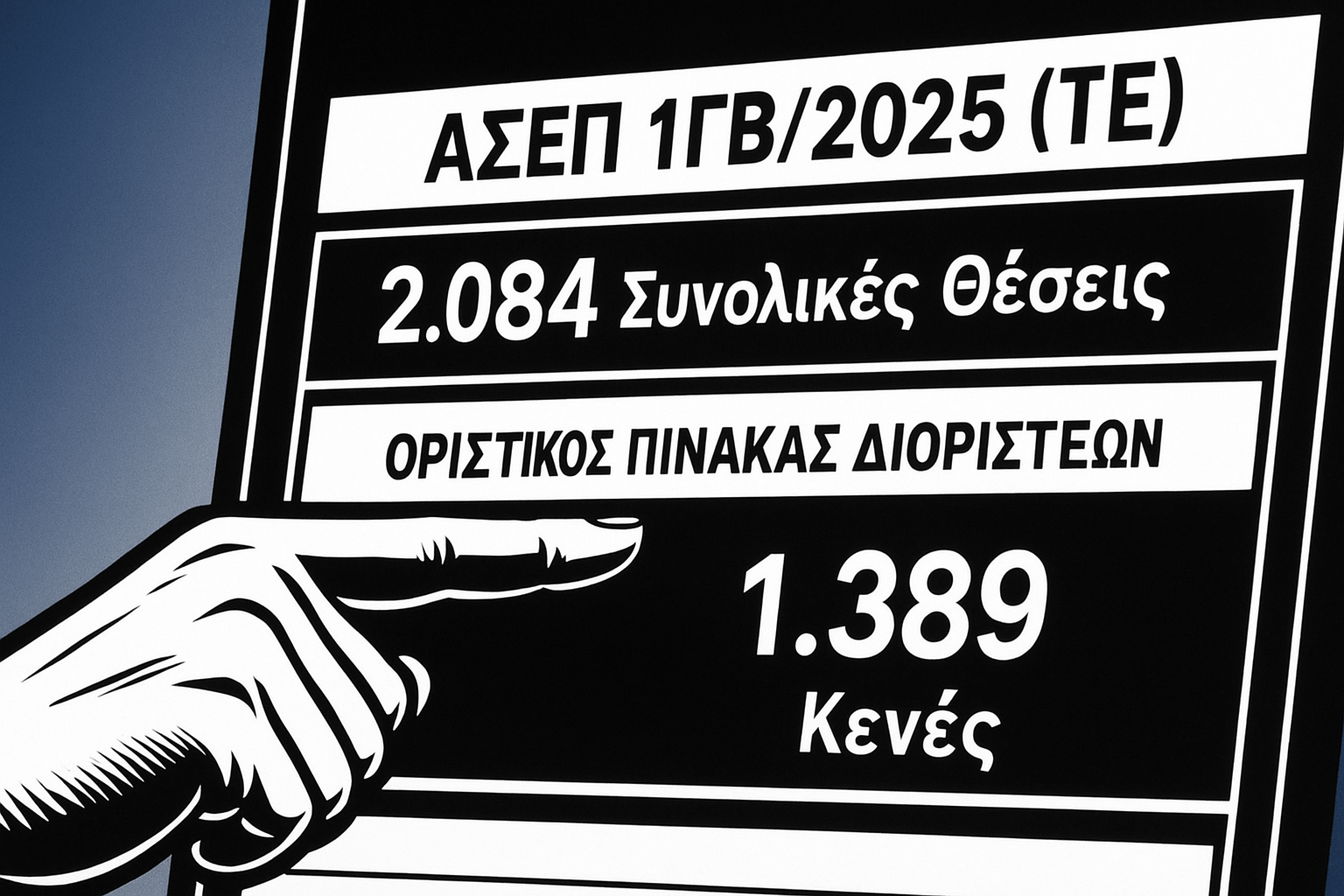 Εικόνα με θέμα τα οριστικά αποτελέσματα ΑΣΕΠ 1ΓΒ/2025 και τις 1.389 κενές θέσεις.