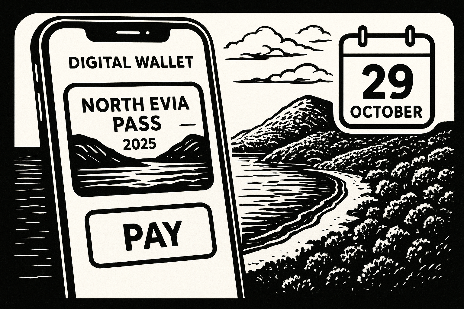 Εικονογράφηση της άυλης ψηφιακής κάρτας North Evia Pass 2025 με εικονίδιο προθεσμίας (29 Οκτωβρίου).