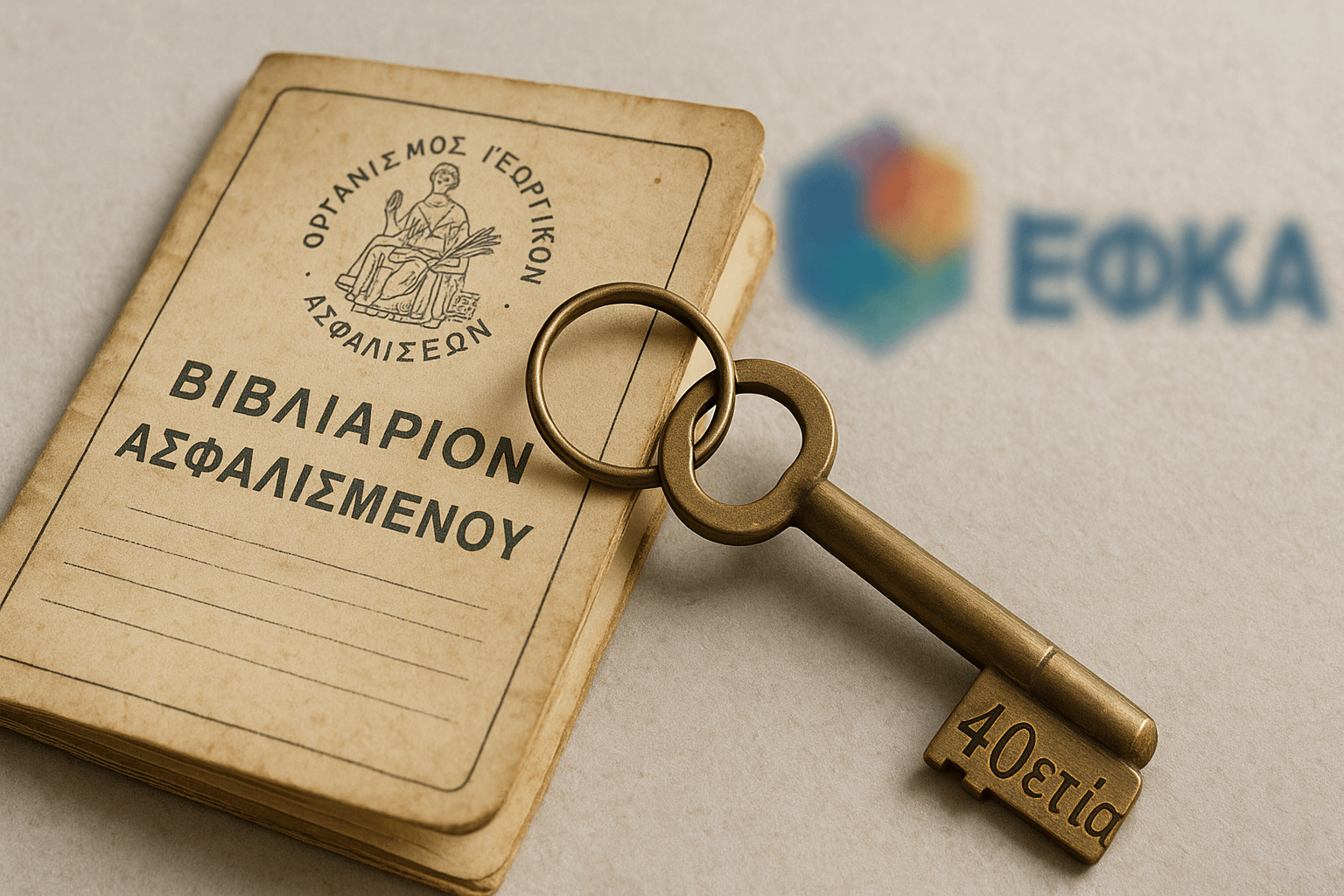 Φωτορεαλιστική σύνθεση (1200x628) που απεικονίζει ένα παλιό, ξεθωριασμένο ασφαλιστικό βιβλιάριο του ΟΓΑ από τη δεκαετία του '90.