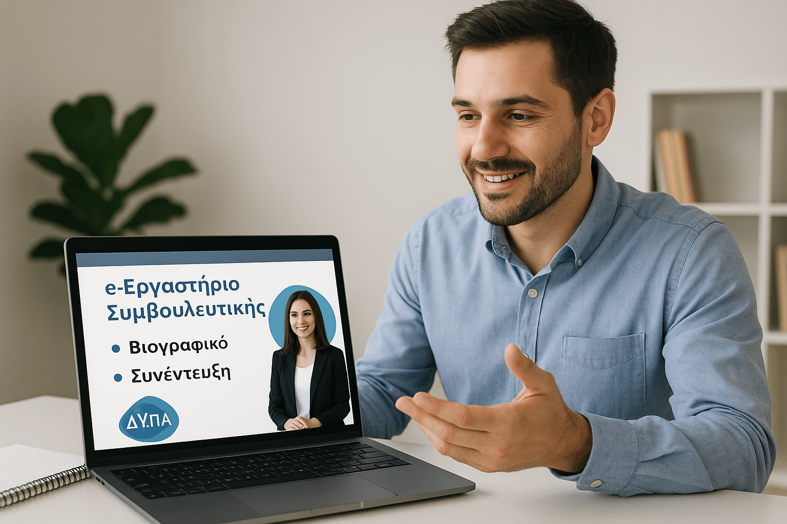 Εικόνα συμμετέχοντα σε e- Εργαστήρια συμβουλευτικής ΔΥΠΑ για βιογραφικό και συνέντευξη.