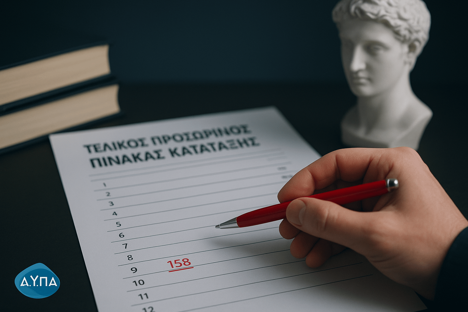 1/2024 Χέρι με κόκκινο στυλό διορθώνει τα μόρια στον Τελικό Προσωρινό Πίνακα ΔΥΠΑ ΠΕ02 Φιλολόγων για ένσταση.