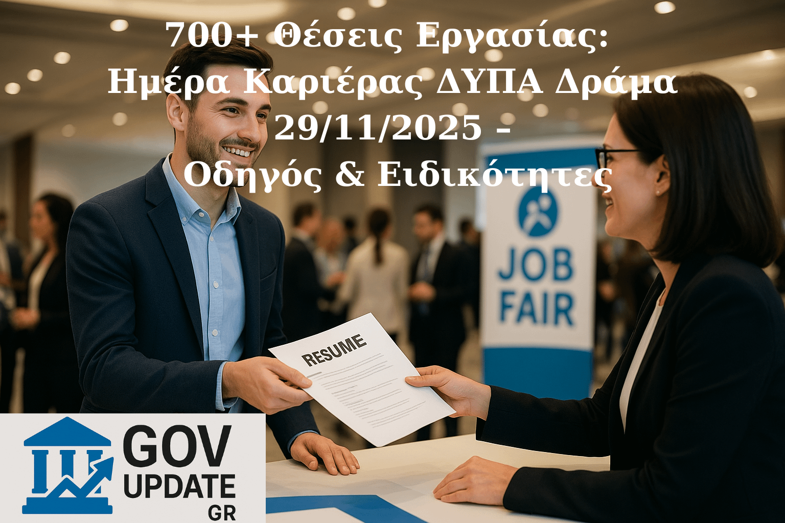 Ημέρα Καριέρας ΔΥΠΑ στη Δράμα: Υποψήφιος δίνει βιογραφικό σε εκπρόσωπο εταιρείας.