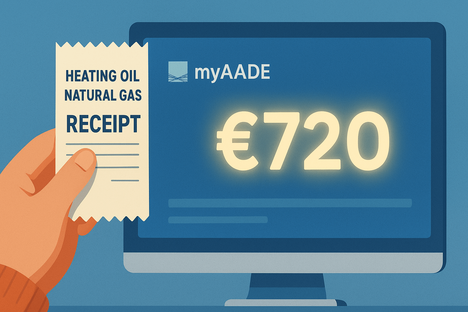 επίδομα θέρμανσης Χέρι κρατάει απόδειξη πετρελαίου θέρμανσης μπροστά από οθόνη myAADE με το μέγιστο ποσό 720€.