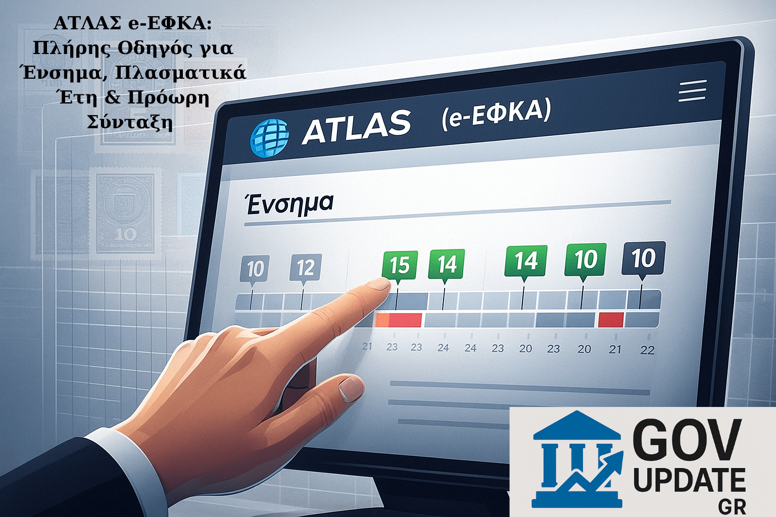 Ψηφιακός λογαριασμός ΑΤΛΑΣ e-ΕΦΚΑ στην οθόνη υπολογιστή, όπου ένα χέρι ελέγχει έναν πίνακα με ασφαλιστικά ένσημα και πλασματικά έτη. Στρατηγική σχεδιασμού για τη σύνταξη