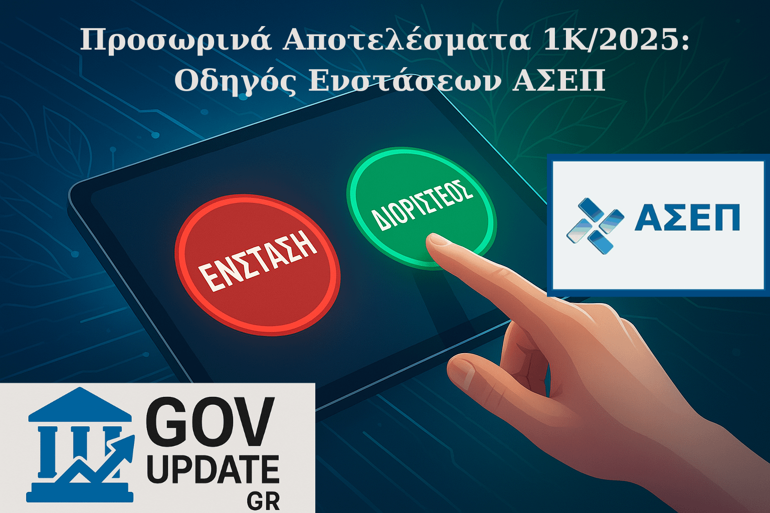 Ψηφιακό γραφικό που απεικονίζει τον έλεγχο των προσωρινών αποτελεσμάτων 1Κ/2025 ΑΣΕΠ (ΤΕ) για τον ΟΦΥΠΕΚΑ. Ένα χέρι εξετάζει βαθμολογίες και τη διαδικασία ενστάσεων (12-21 Νοεμβρίου).