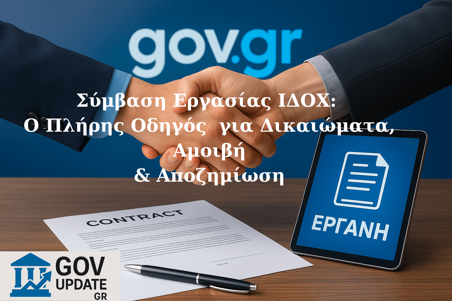 Άτομα που υπογράφουν σύμβαση εργασίας ΙΔΟΧ με φόντο ψηφιακής κάρτας ΕΡΓΑΝΗ, συμβολίζοντας τα εργατικά δικαιώματα και την ασφάλεια