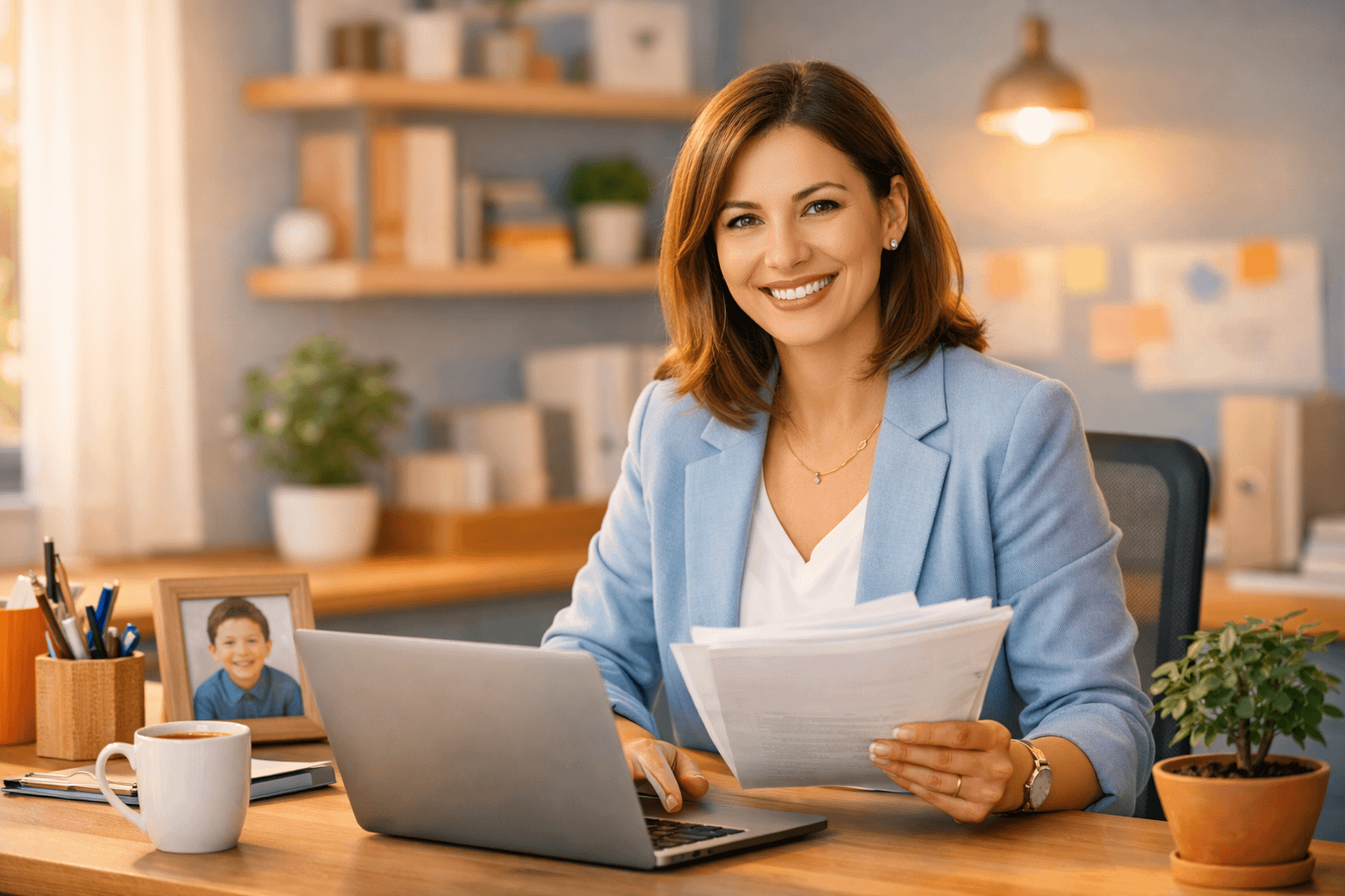 Γυναίκα δουλεύει σε ένα φιλικό και δυναμικό περιβάλλον γραφείου, εκπροσωπώντας τις θέσεις απασχόλησης για γυναίκες και μητέρες στο νέο πρόγραμμα ΔΥΠΑ 2026.