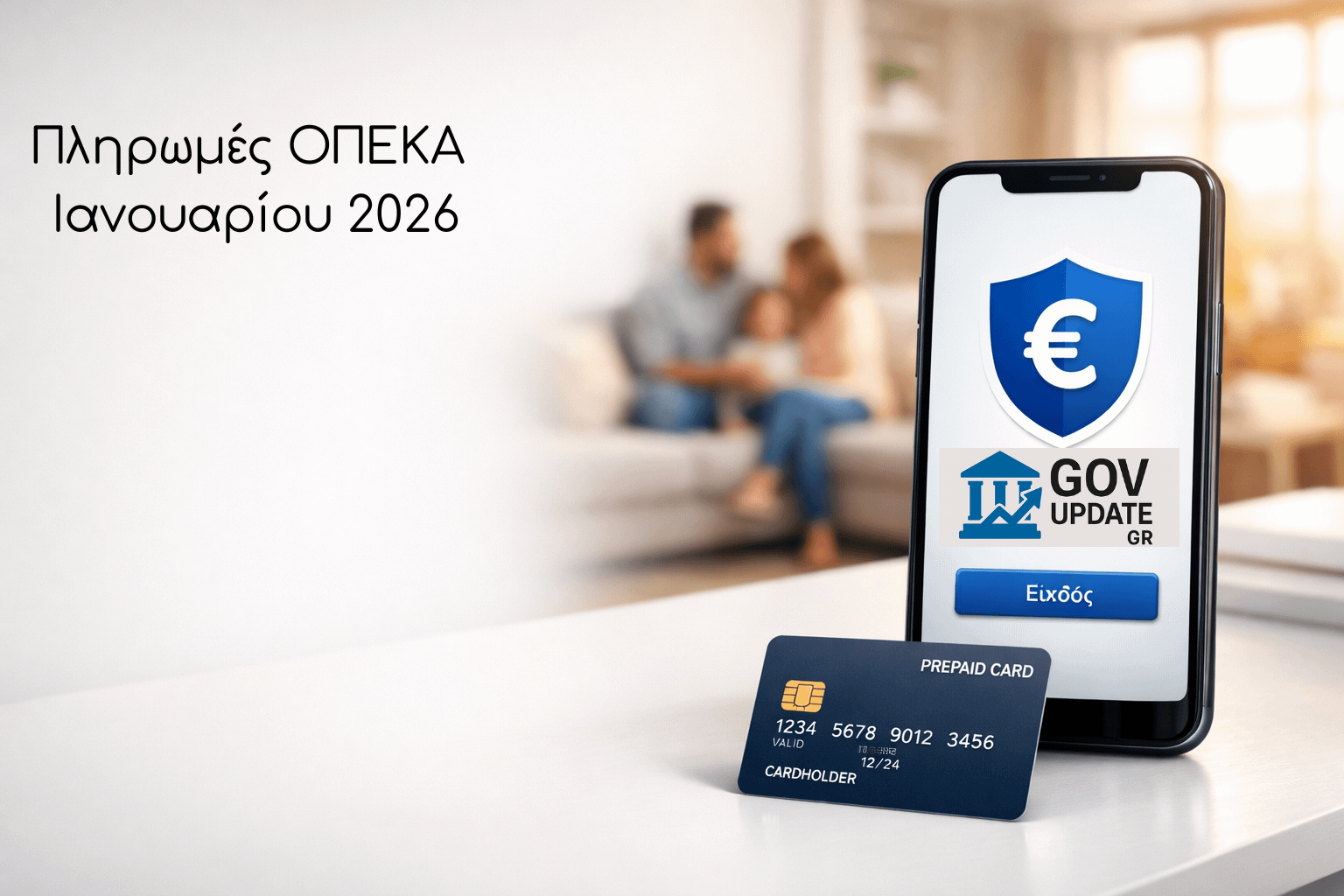ια εικόνα που δείχνει ένα smartphone με μια κυβερνητική εφαρμογή (ασφάλεια/ψηφιοποίηση), μια κάρτα (αναφορά στην προπληρωμένη κάρτα του 2026) και στο βάθος μια οικογένεια, ώστε να συνδέεται το συναίσθημα με την παροχή ΟΠΕΚΑ