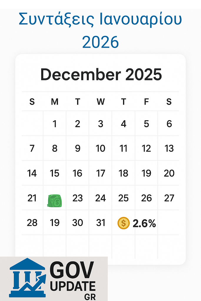Πίνακας με τις ημερομηνίες πληρωμής για συντάξεις Ιανουαρίου 2026 (19 και 22 Δεκεμβρίου) και ποσοστό αύξησης 2,6%.