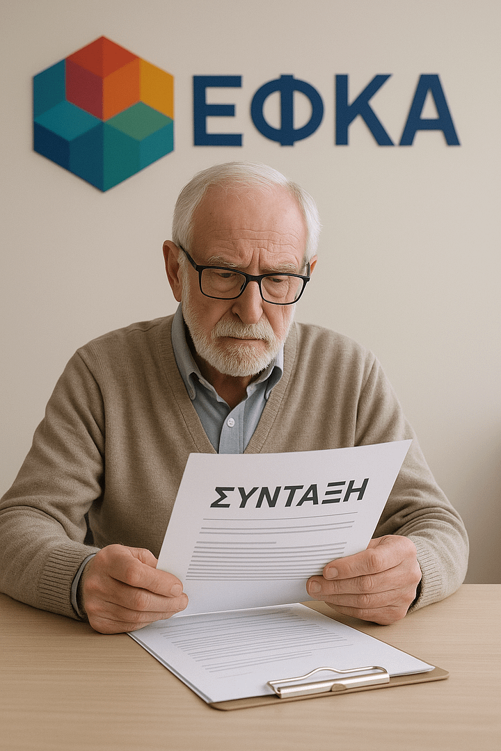 Συνταξιούχος ελέγχει έγγραφα για αχρεωστήτως καταβληθείσες συντάξεις με λογότυπο ΕΦΚΑ.