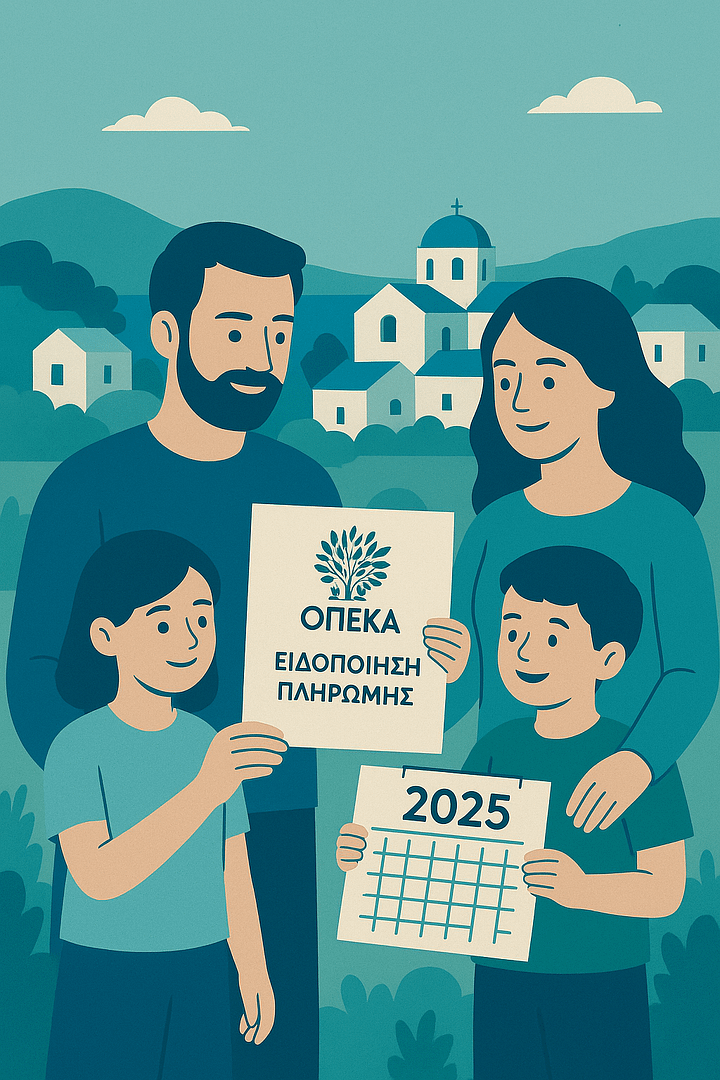 Image of a family with OPEKA logo, 2025 calendar, and Greek village background receiving payment notification.